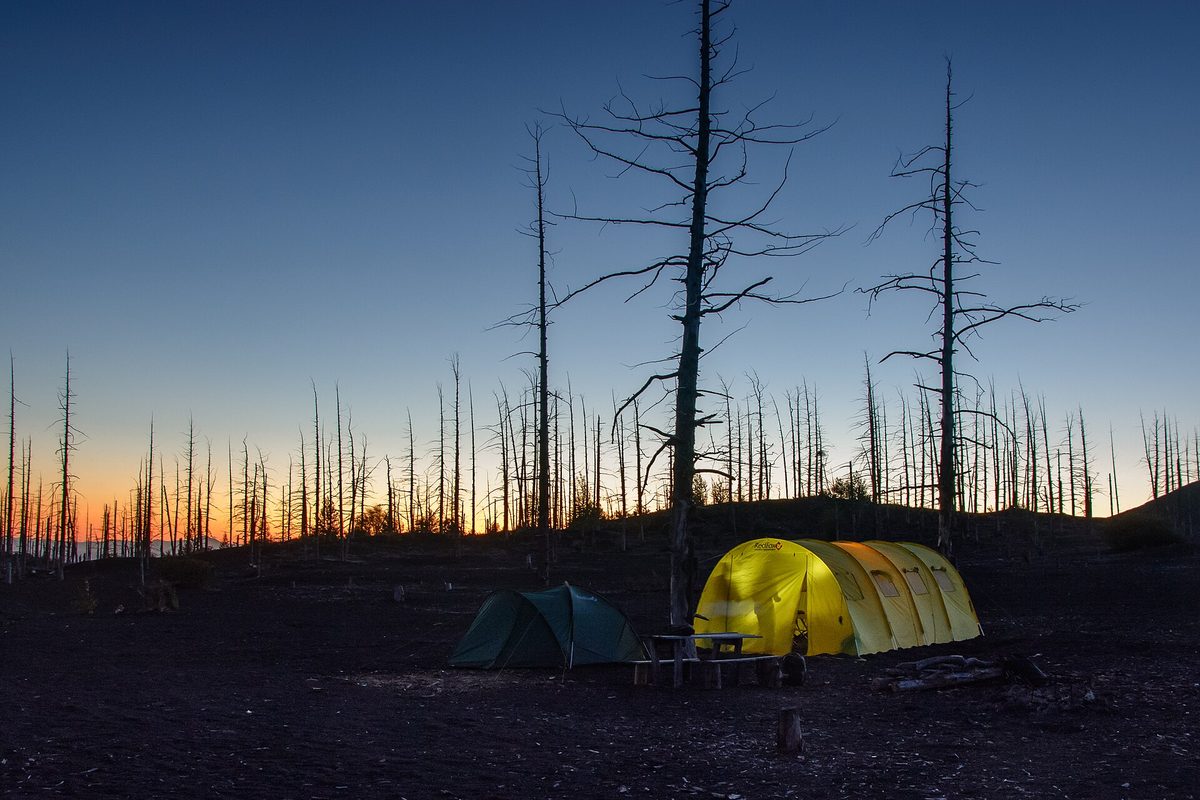 A tent glowing at dusk among bare trees under a fading sky.